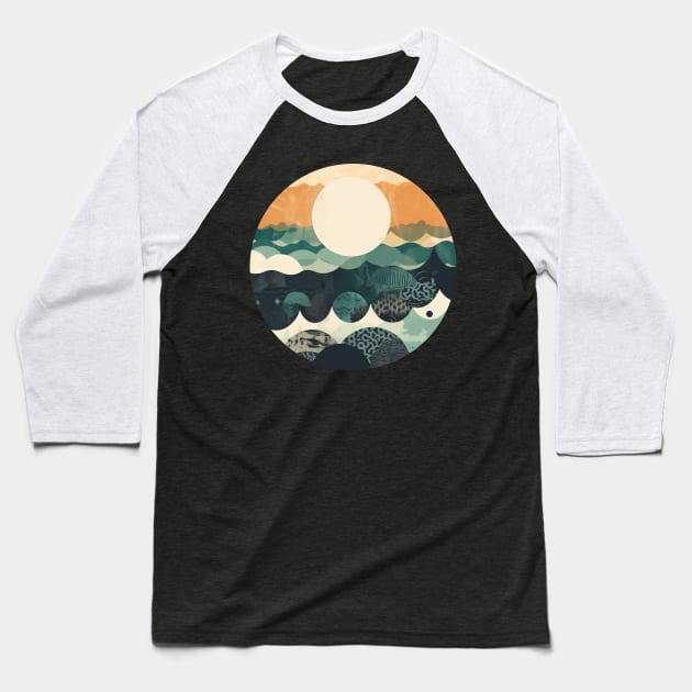 Hokusai Japanese Art Inspired Patterned Ocean Baseball T-Shirt by yambuto